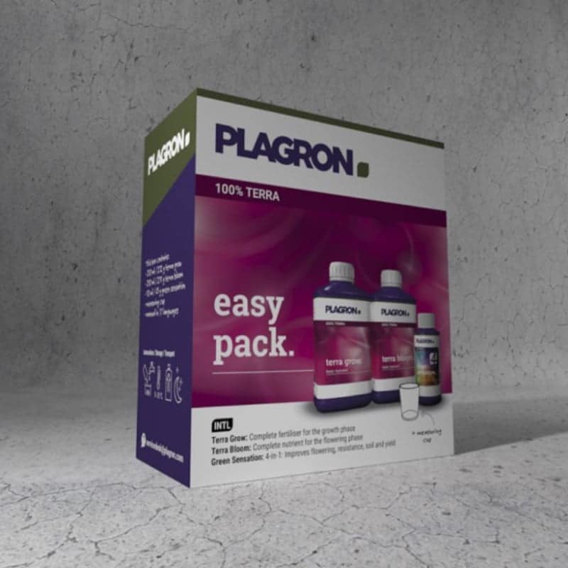 Easy Pack Terra de Plagron: Un conjunto de nutrientes completo y sencillo para un crecimiento y floración exitosos de las plantas en tierra.