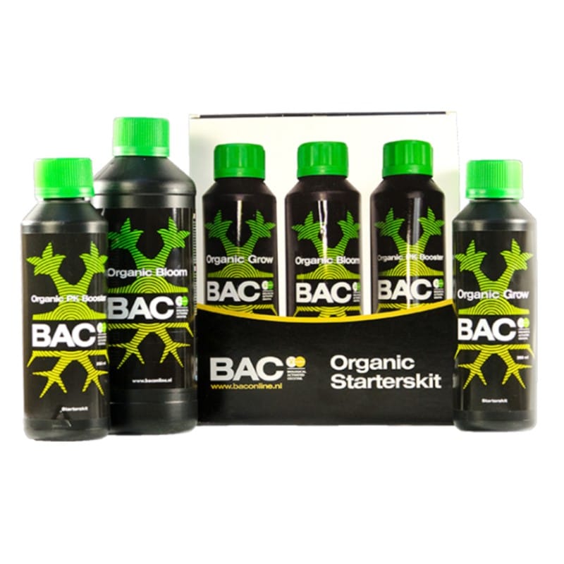 BAC Paquete Inicial Biológico - Un conjunto completo de nutrientes y suplementos biológicos de BAC (Beneficial Microorganisms Active Compounds). Este paquete inicial contiene todo lo necesario para un crecimiento saludable y floreciente de las plantas, desde la semilla hasta la cosecha, utilizando métodos de cultivo biológico.