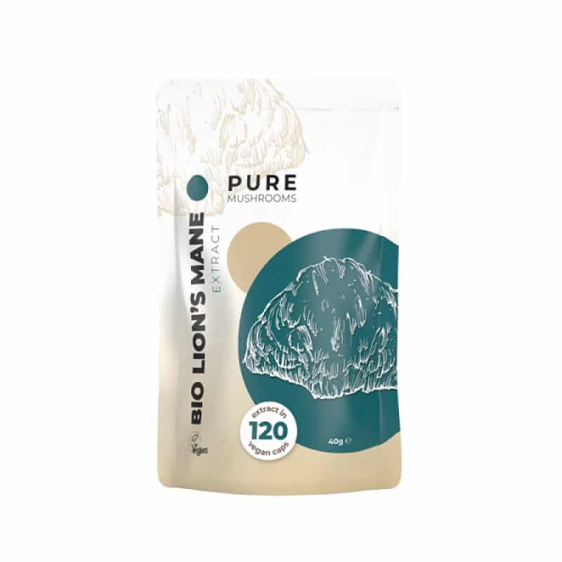 Cápsulas de Extracto de Lion's Mane de Pure Mushrooms: Extracto natural y potente del hongo Lion's Mane para claridad mental y bienestar, en conveniente forma de cápsulas.